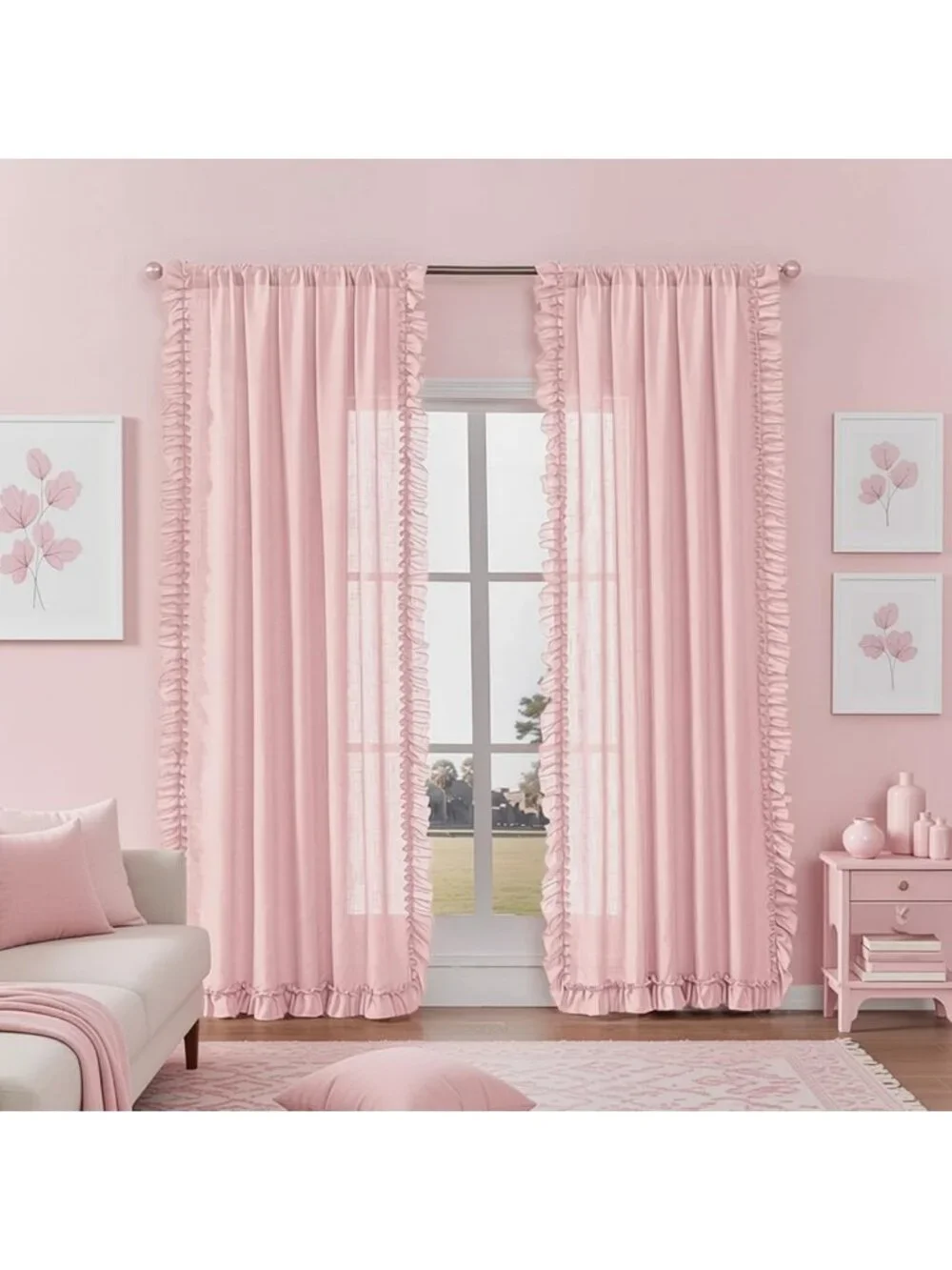 Blush Pink Ruffled Curtains, 47x84 Inch, 2 Panels, Rod Pocket, Farmhouse Decor